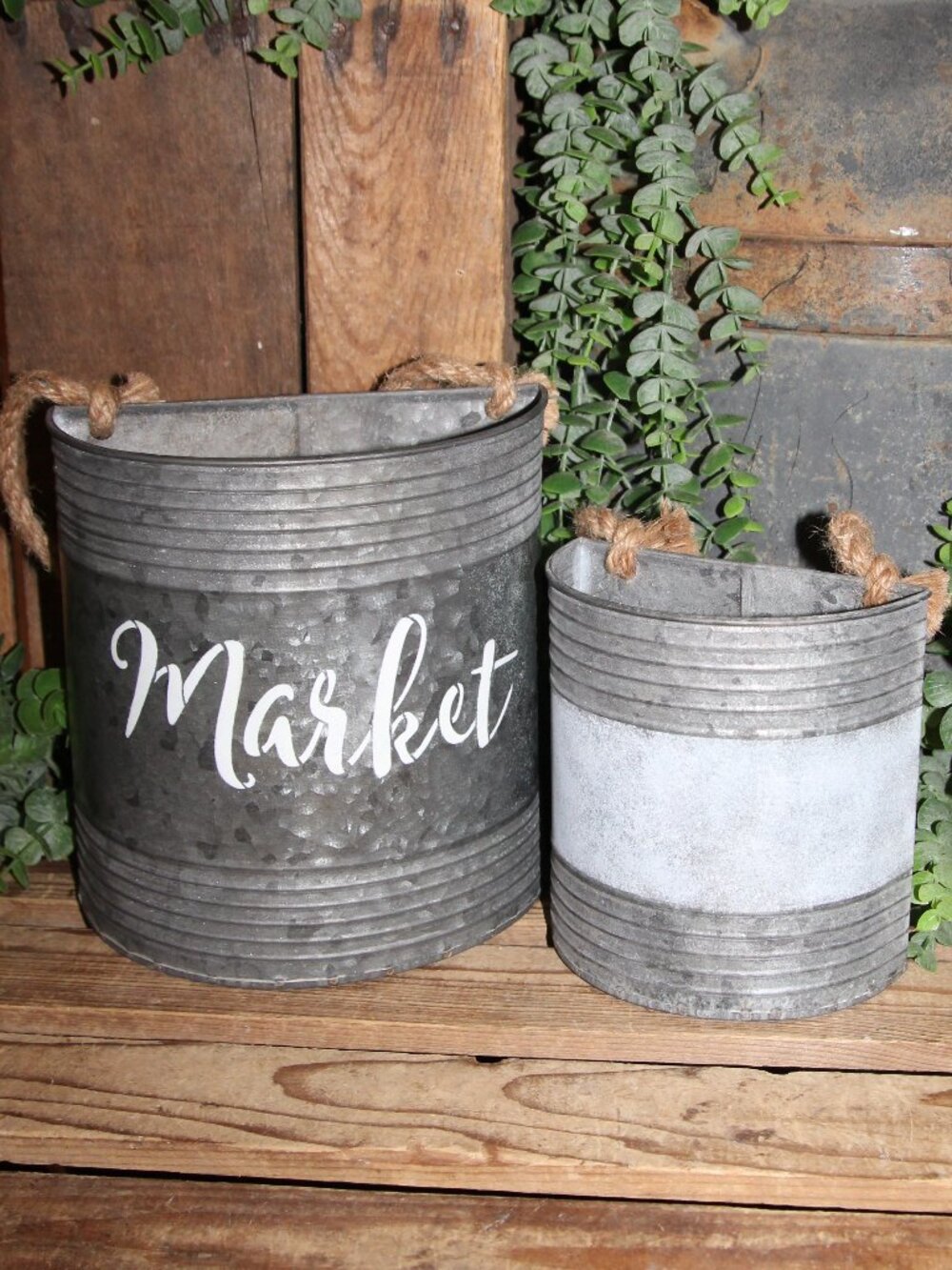 Pair of French Country Farmhouse Galvanized Metal MARKET Wall Buckets